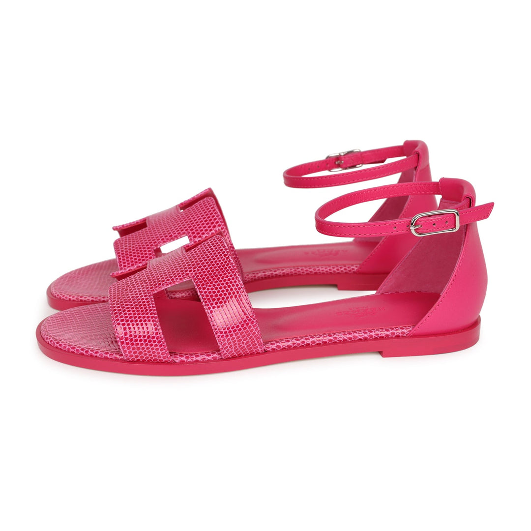 Top quality Hermes Santorini Sandals Rose Flash Lizard Palladium Hardware 37