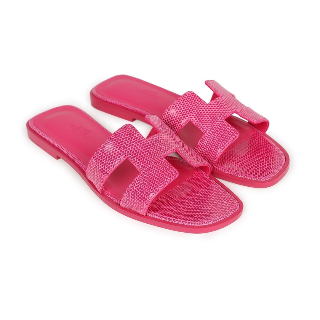 Top quality Hermes Oran Sandals Rose Flash Lizard 37