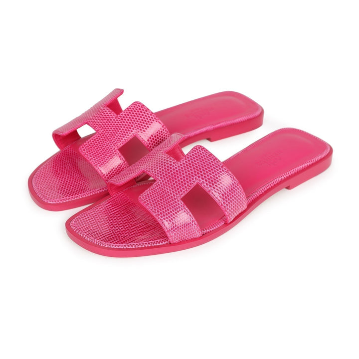 Top quality Hermes Oran Sandals Rose Flash Lizard 37