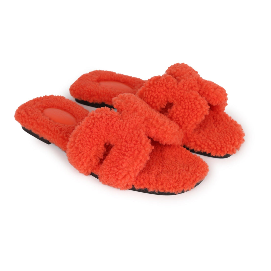 Top quality Hermes Oran Sandal Orange Shearling 37