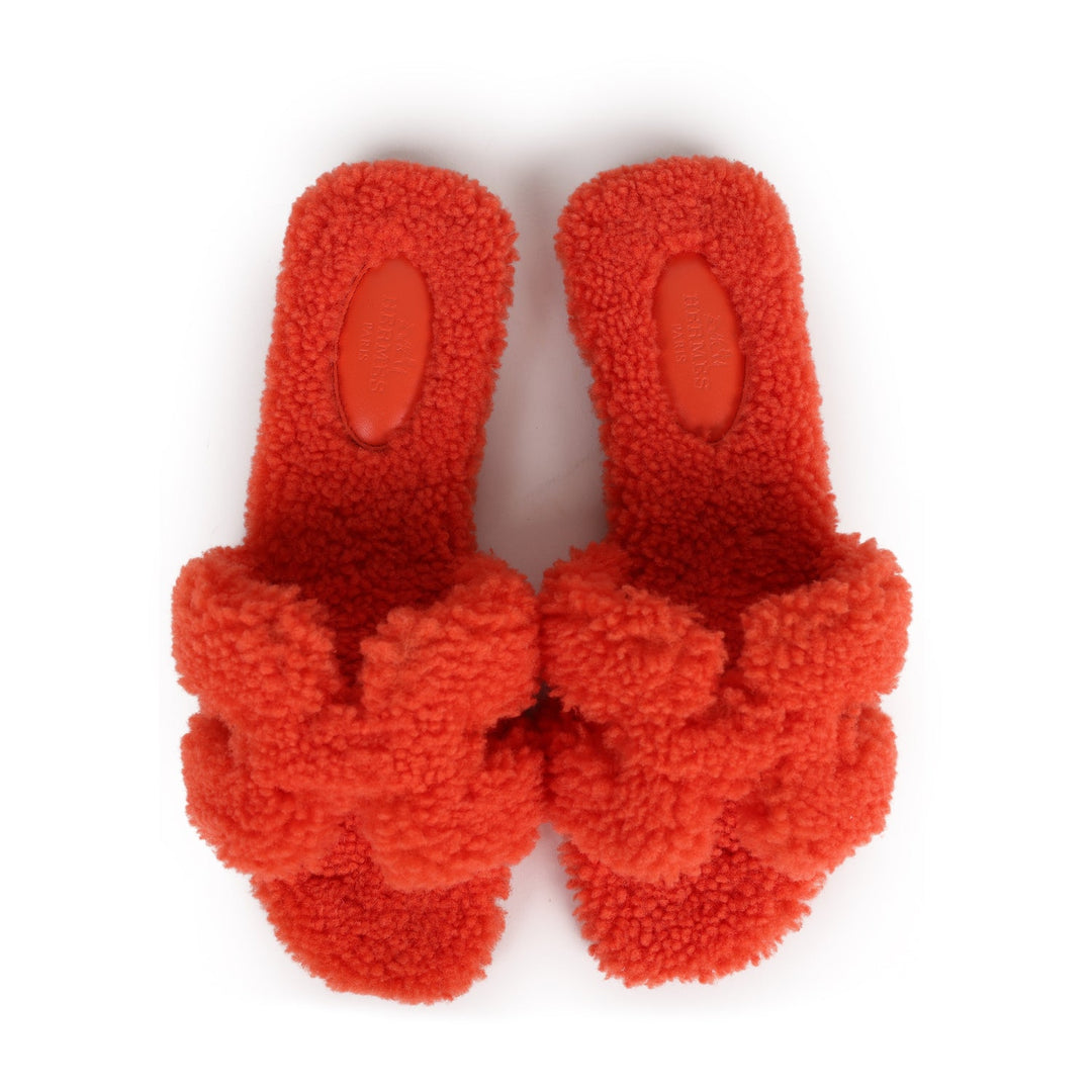 Top quality Hermes Oran Sandal Orange Shearling 37
