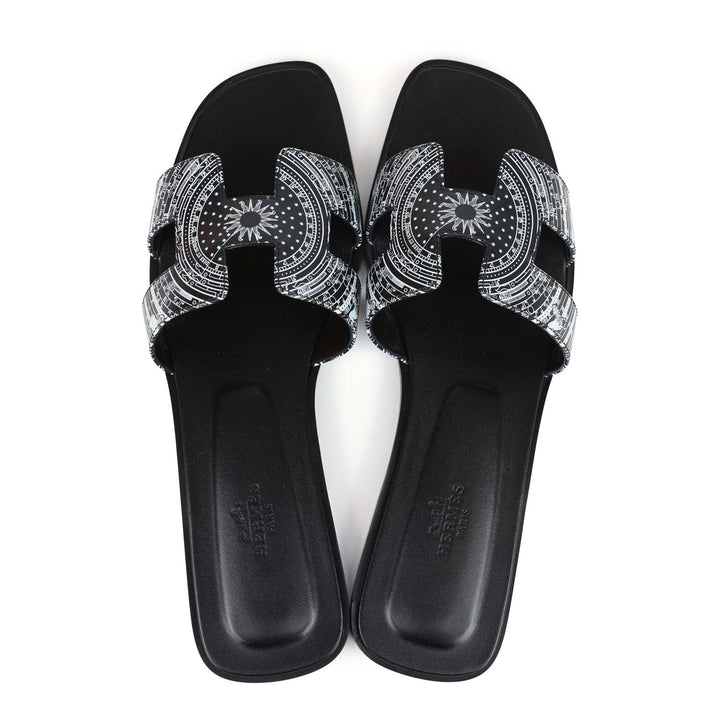 Hermes Oran Sandals "Astrologie Bandana" Black and White Calfskin 40 EU