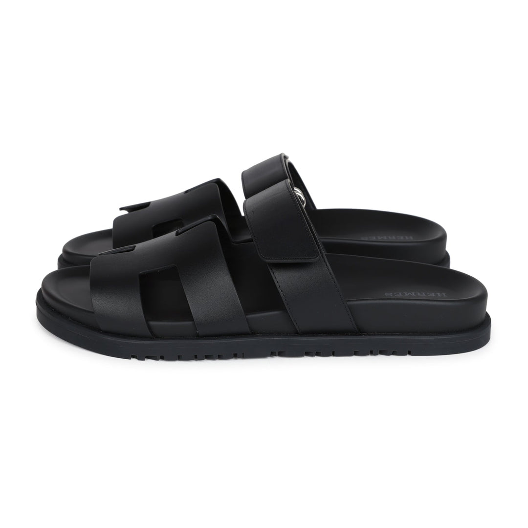 Hermes Chypre Techno Sandals Black Calfskin Palladium Hardware 38.5 EU