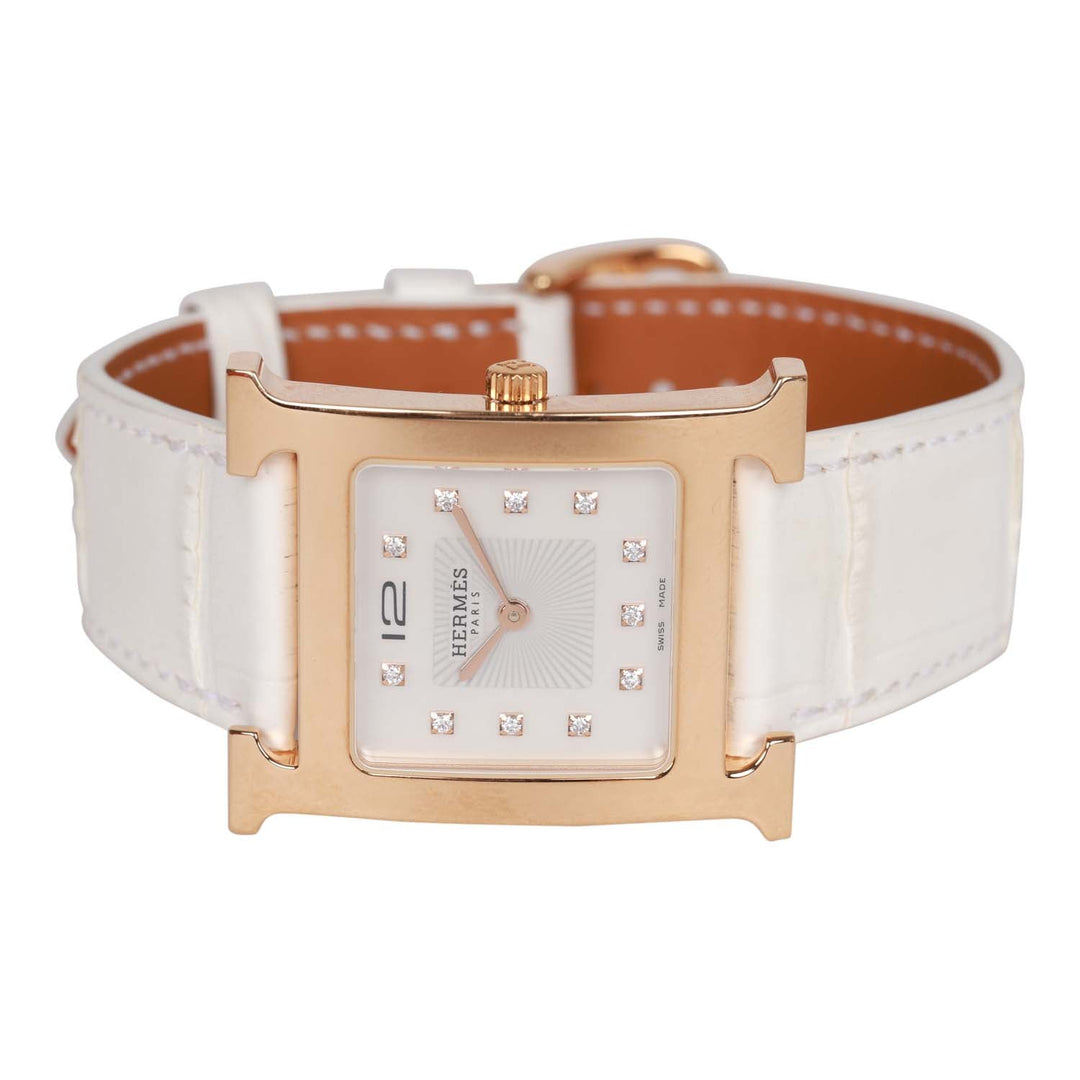 Top quality Hermes Small Heure H Watch Rose Gold White Matte Alligator Band