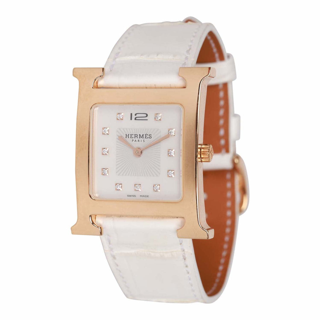 Top quality Hermes Small Heure H Watch Rose Gold White Matte Alligator Band
