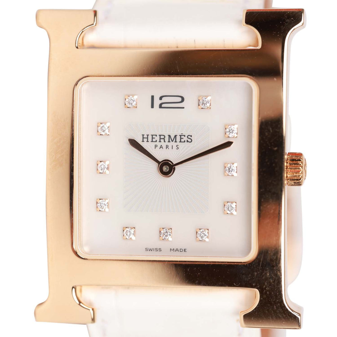 Top quality Hermes Small Heure H Watch Rose Gold White Matte Alligator Band