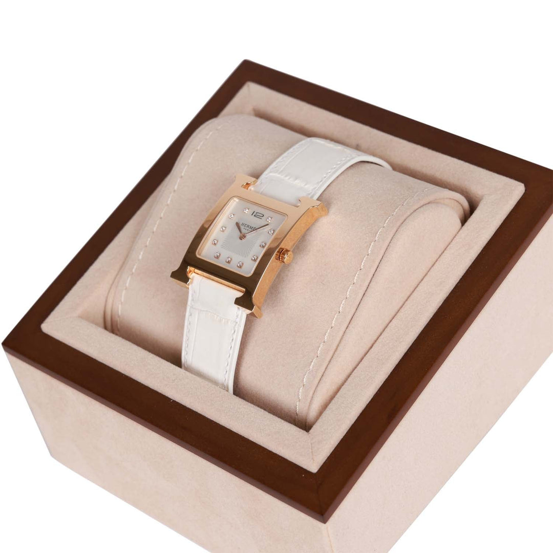 Top quality Hermes Small Heure H Watch Rose Gold White Matte Alligator Band