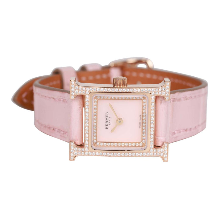 Top quality Hermes Rose Pale and Rose Opal Matte Alligator Heure H XS Diamond Watch