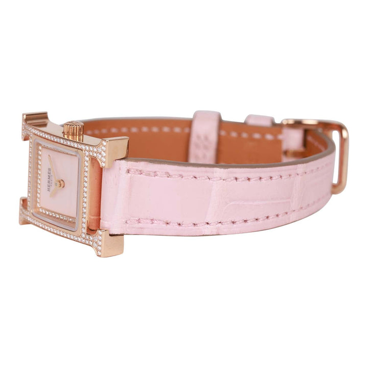 Top quality Hermes Rose Pale and Rose Opal Matte Alligator Heure H XS Diamond Watch