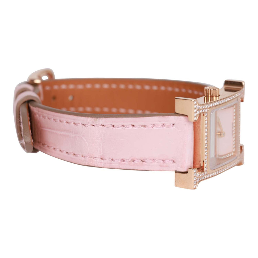 Top quality Hermes Rose Pale and Rose Opal Matte Alligator Heure H XS Diamond Watch