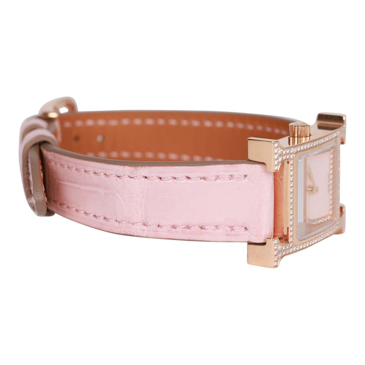 Top quality Hermes Rose Pale and Rose Opal Matte Alligator Heure H XS Diamond Watch