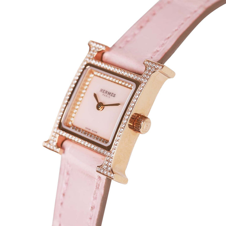 Top quality Hermes Rose Pale and Rose Opal Matte Alligator Heure H XS Diamond Watch