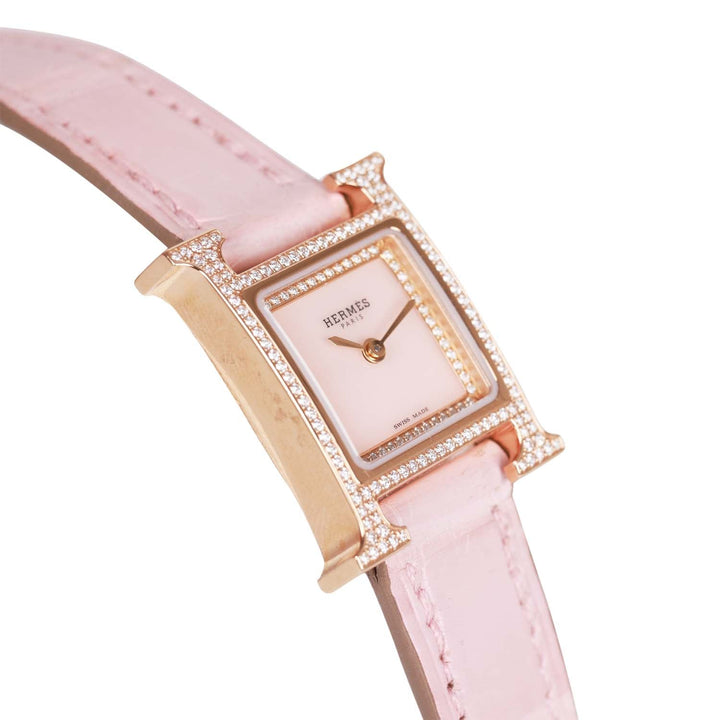 Top quality Hermes Rose Pale and Rose Opal Matte Alligator Heure H XS Diamond Watch