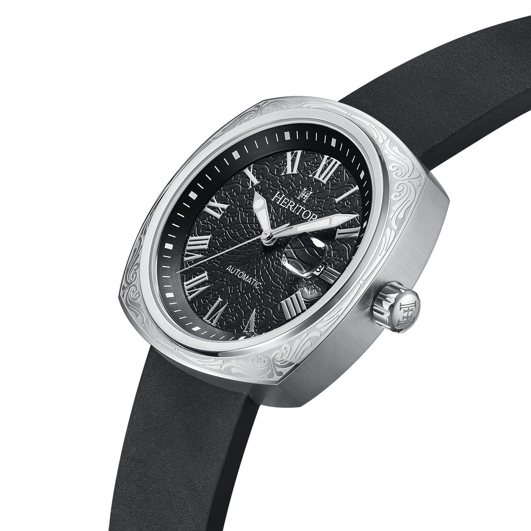 Heritor Automatic Davenport Engraved-Case Leather-Band Watch w/ Date