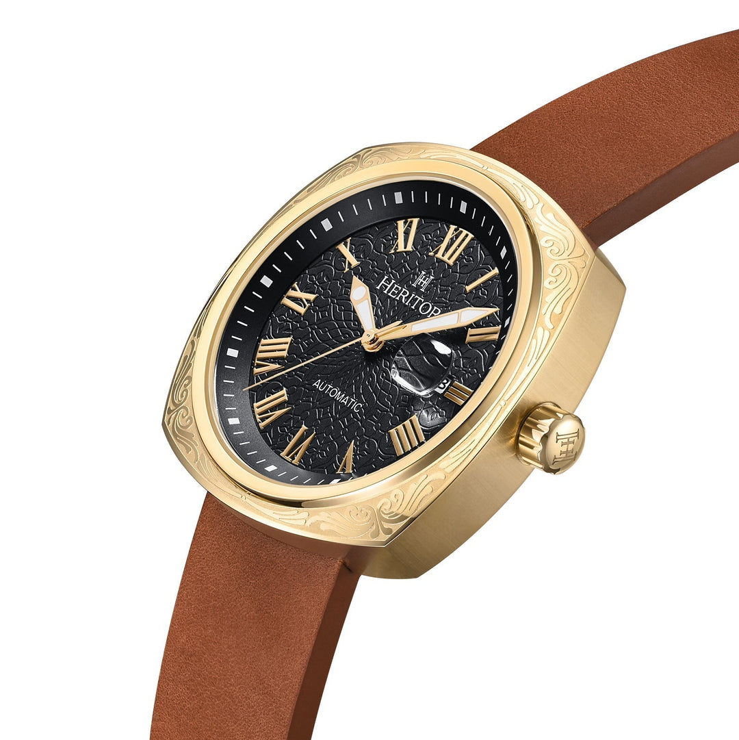 Heritor Automatic Davenport Engraved-Case Leather-Band Watch w/ Date