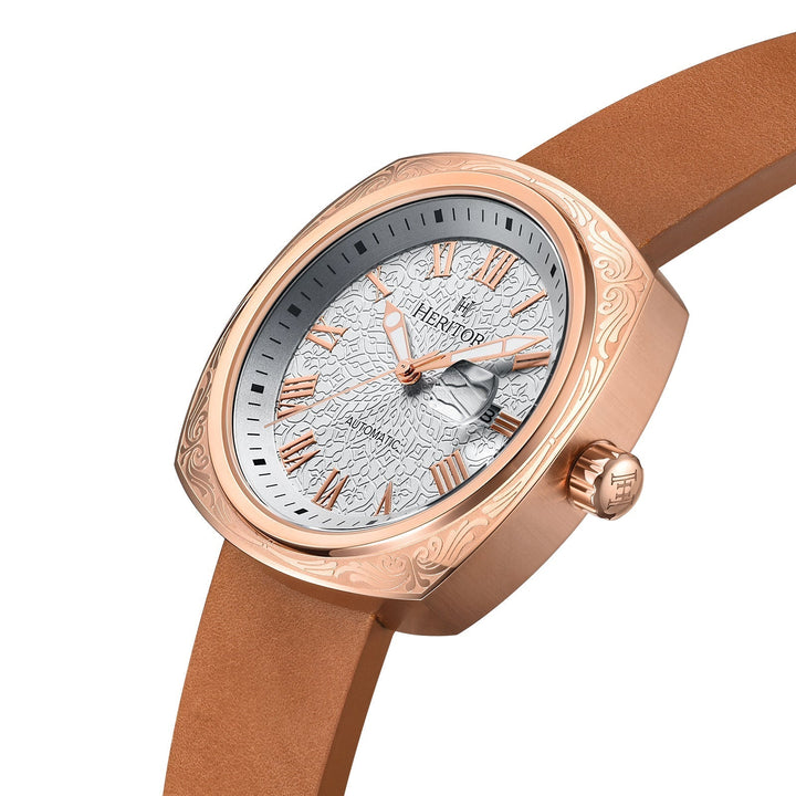 Heritor Automatic Davenport Engraved-Case Leather-Band Watch w/ Date