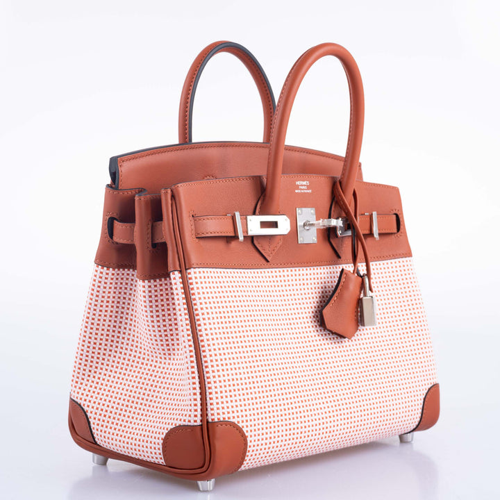 Top quality Hermes Birkin 25 Limited Edition Brique, Écru, Mauve Sylvestre Toile Quadrille & Terre Battue Swift Leather Palladium Hardware