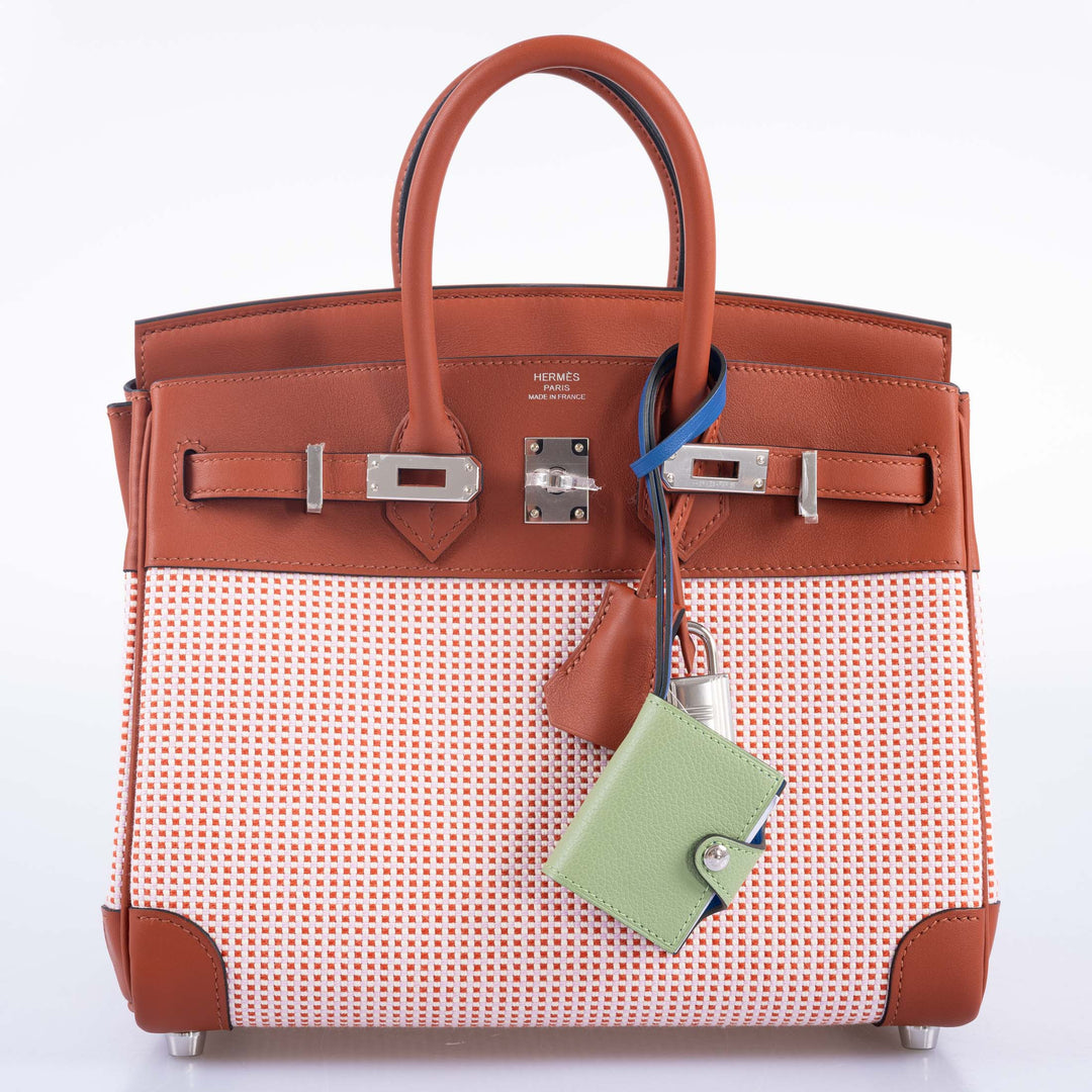 Top quality Hermes Birkin 25 Limited Edition Brique, Écru, Mauve Sylvestre Toile Quadrille & Terre Battue Swift Leather Palladium Hardware