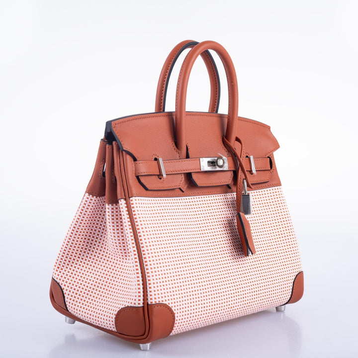 Top quality Hermes Birkin 25 Limited Edition Brique, Écru, Mauve Sylvestre Toile Quadrille & Terre Battue Swift Leather Palladium Hardware