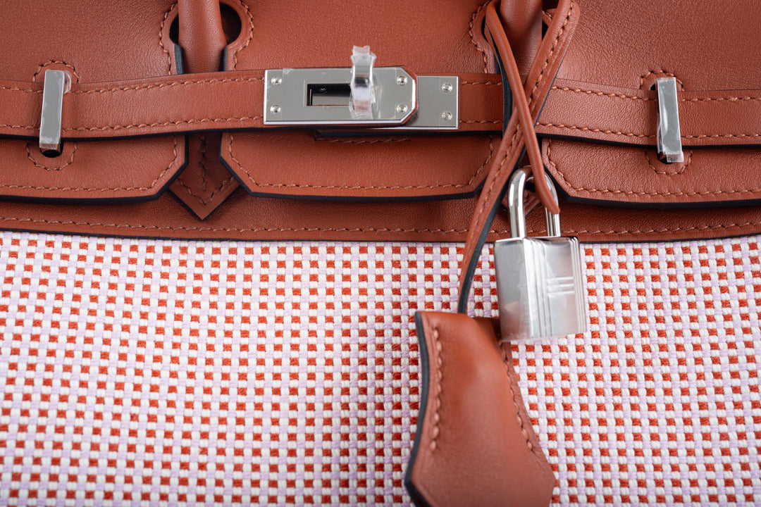 Top quality Hermes Birkin 25 Limited Edition Brique, Écru, Mauve Sylvestre Toile Quadrille & Terre Battue Swift Leather Palladium Hardware