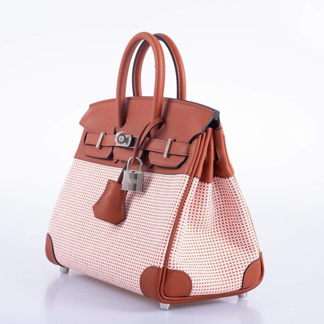 Top quality Hermes Birkin 25 Limited Edition Brique, Écru, Mauve Sylvestre Toile Quadrille & Terre Battue Swift Leather Palladium Hardware