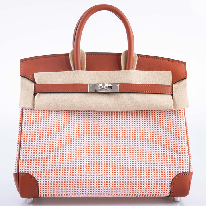 Top quality Hermes Birkin 25 Limited Edition Brique, Écru, Mauve Sylvestre Toile Quadrille & Terre Battue Swift Leather Palladium Hardware