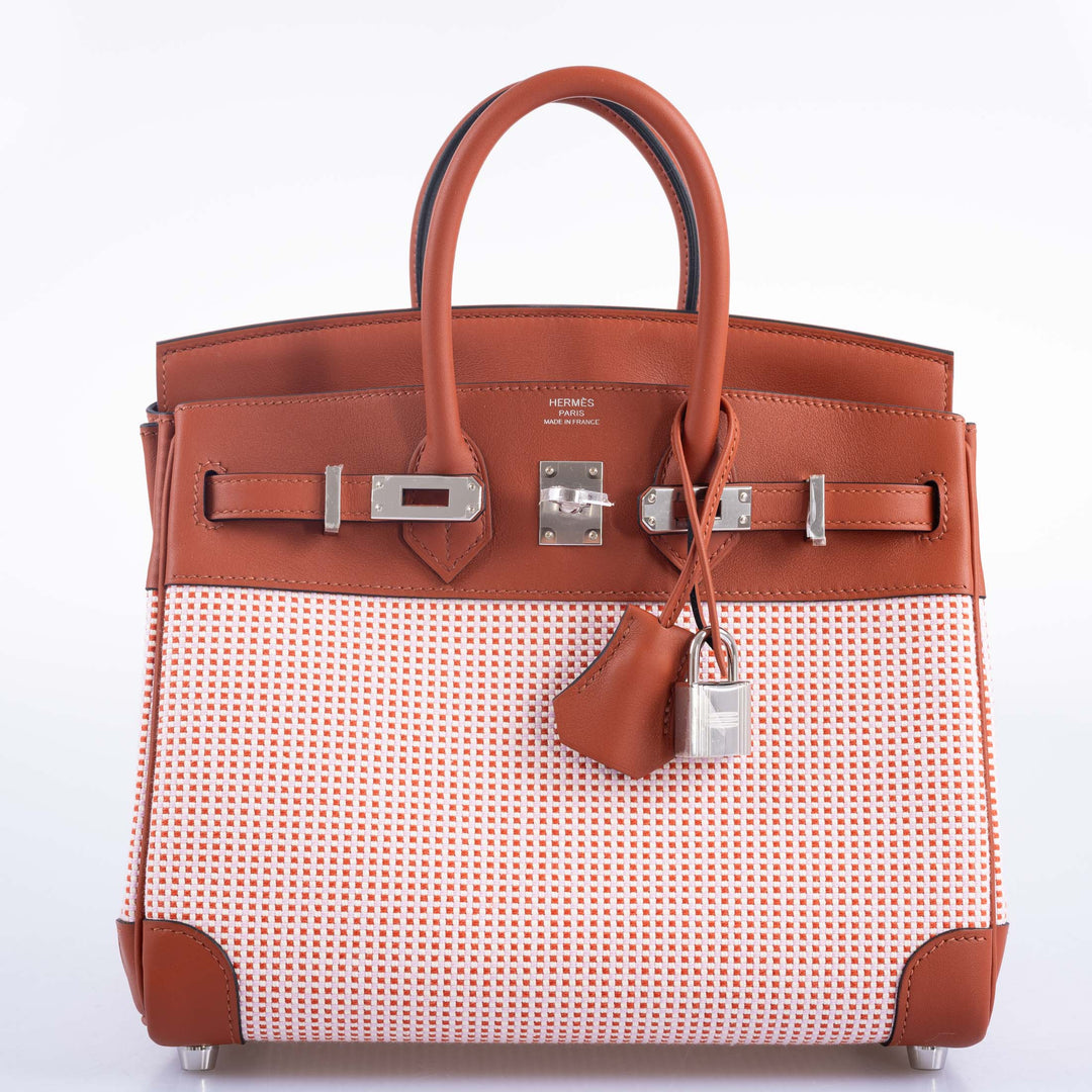 Top quality Hermes Birkin 25 Limited Edition Brique, Écru, Mauve Sylvestre Toile Quadrille & Terre Battue Swift Leather Palladium Hardware