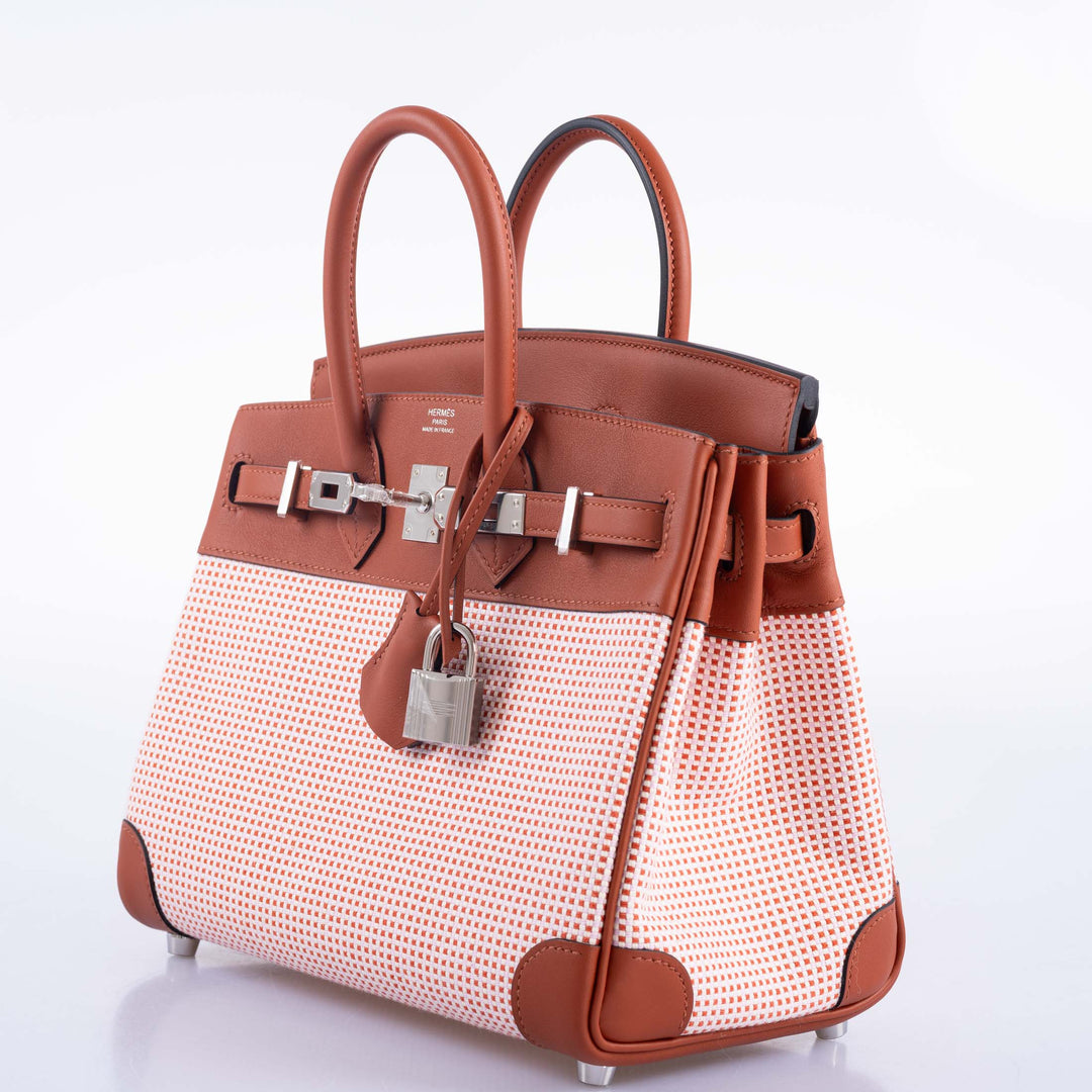 Top quality Hermes Birkin 25 Limited Edition Brique, Écru, Mauve Sylvestre Toile Quadrille & Terre Battue Swift Leather Palladium Hardware