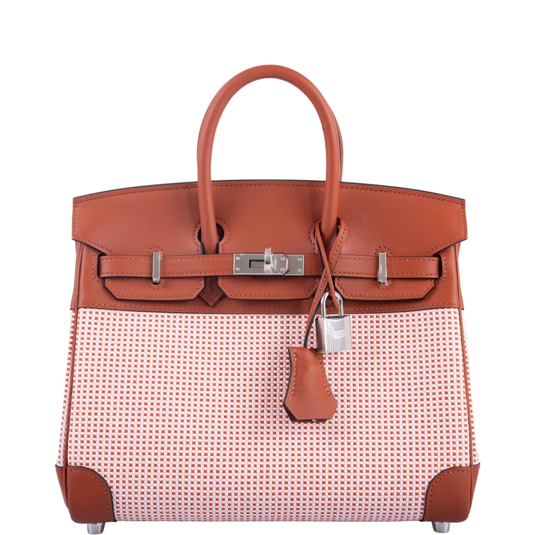 Hermes Birkin 25 Limited Edition Brique, Écru, Mauve Sylvestre Toile Quadrille & Terre Battue Swift Leather Palladium Hardware