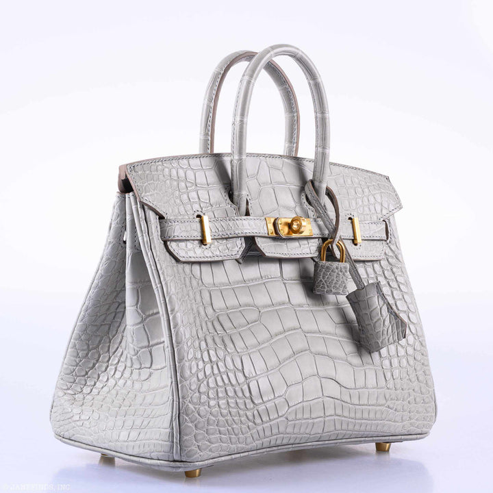 Hermès Birkin 25 Matte Gris Perle Alligator Gold Hardware - 2019, D