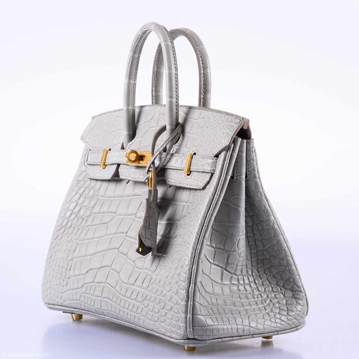 Hermès Birkin 25 Matte Gris Perle Alligator Gold Hardware - 2019, D