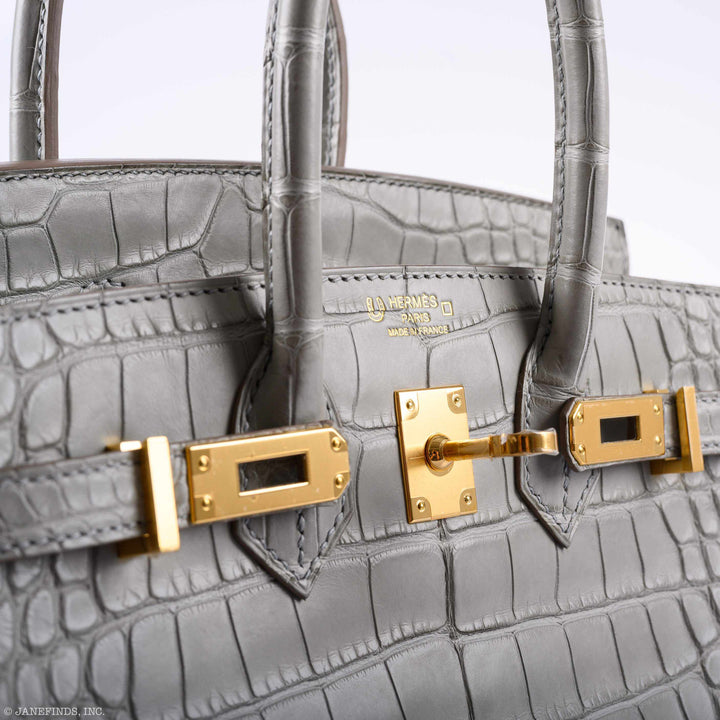 Hermès Birkin 25 Matte Gris Perle Alligator Gold Hardware - 2019, D