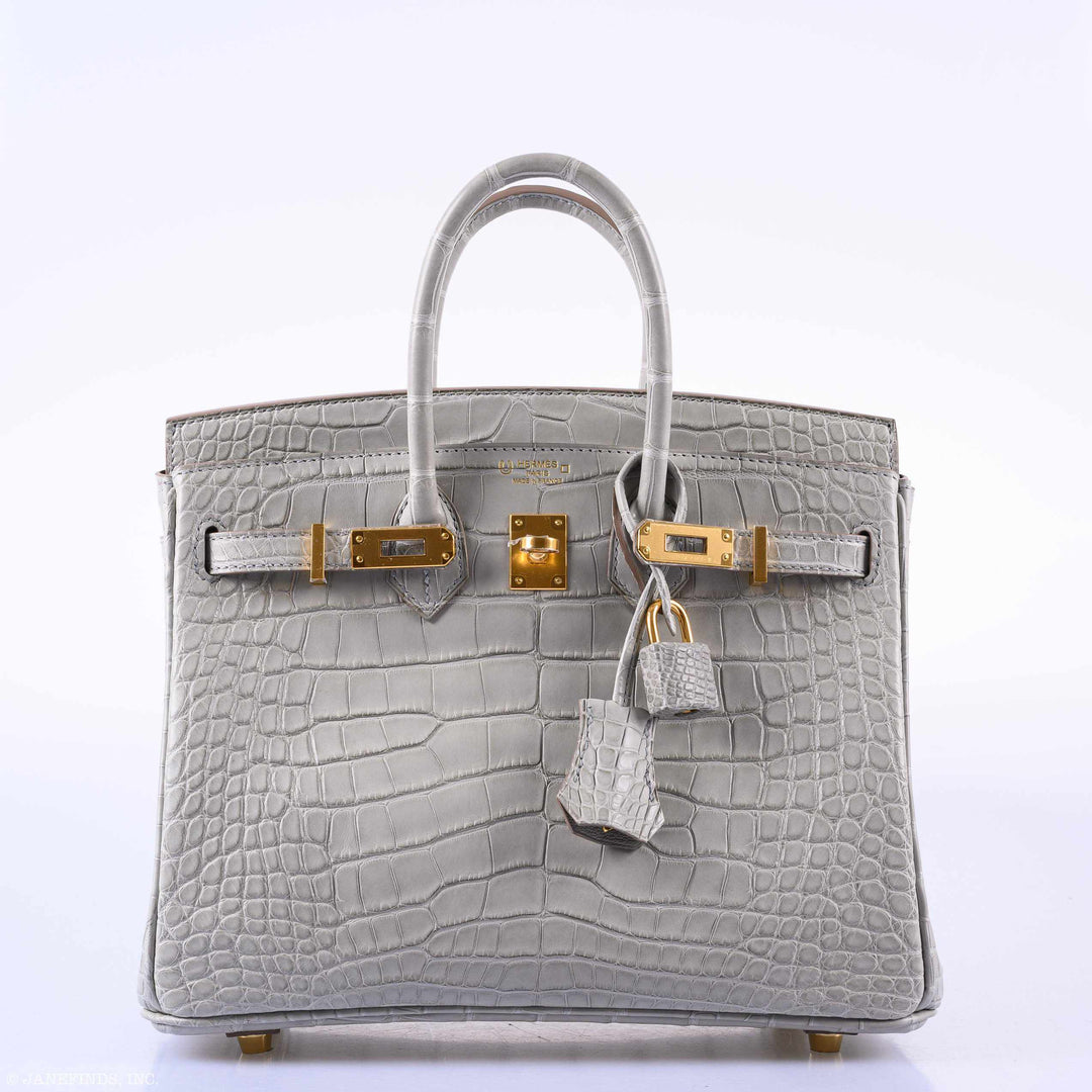 Hermès Birkin 25 Matte Gris Perle Alligator Gold Hardware - 2019, D