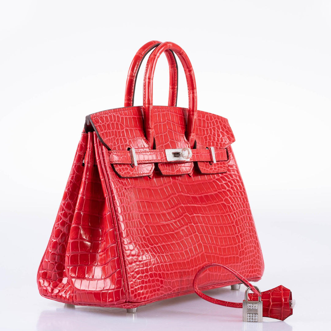 Hermès Birkin 25 Rouge de Coeur Shiny Porosus Crocodile 18K White Gold Hardware & Diamonds - 2020, Y