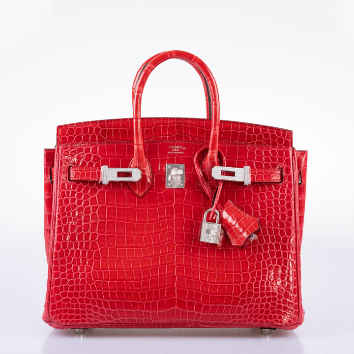 Hermès Birkin 25 Rouge de Coeur Shiny Porosus Crocodile 18K White Gold Hardware & Diamonds - 2020, Y
