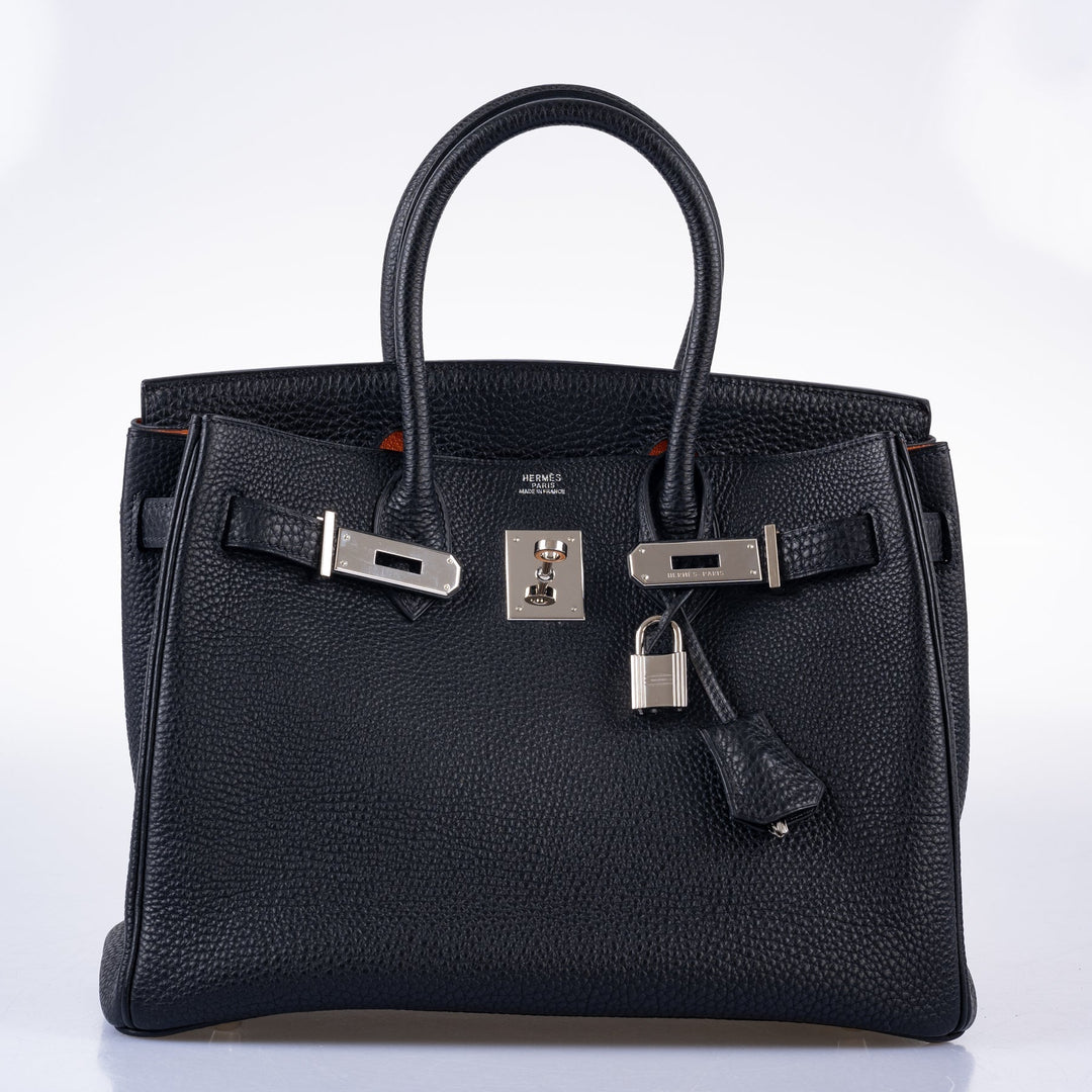 Top quality Hermes Birkin 30 Black Togo and Orange H Palladium Hardware