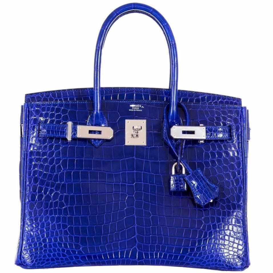 Premium Handmade Hermes Birkin 30 Blue Electric Porosus Crocodile Palladium Hardware