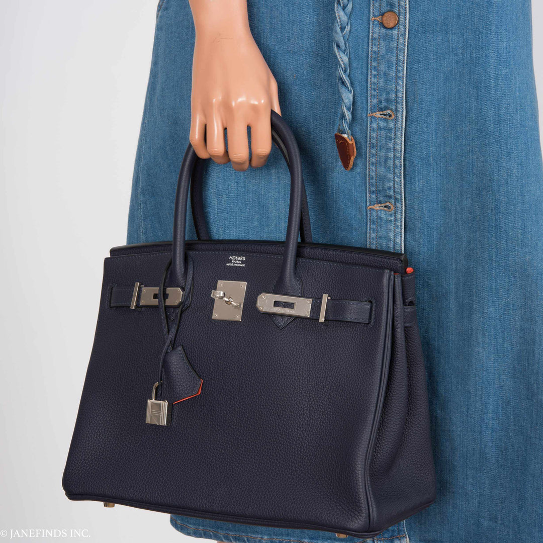 Hermes Birkin 30 Blue Nuit Verso Orange Poppy Togo Palladium Hardware