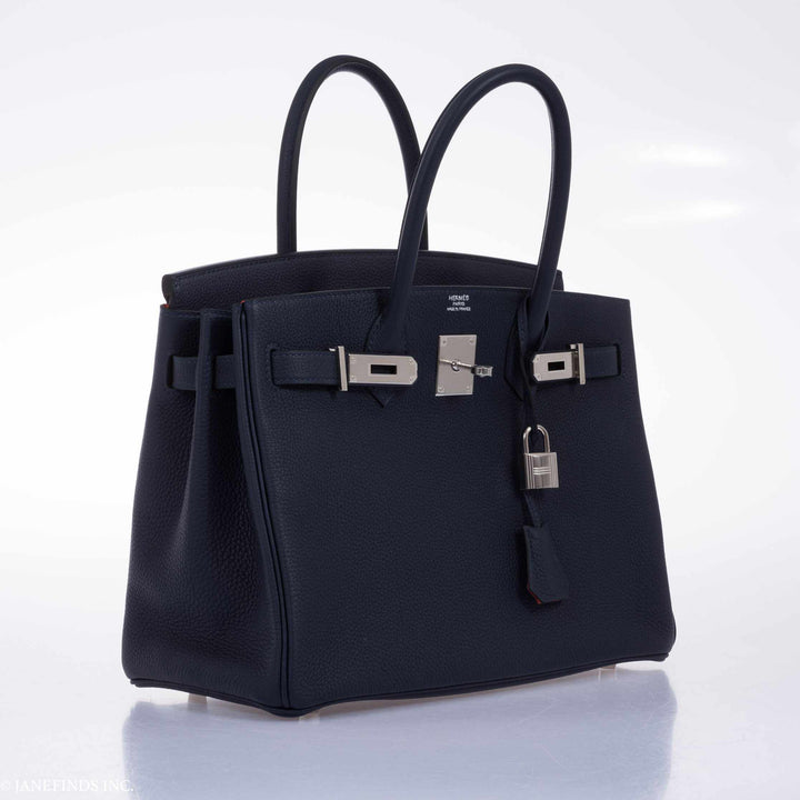 Hermes Birkin 30 Blue Nuit Verso Orange Poppy Togo Palladium Hardware