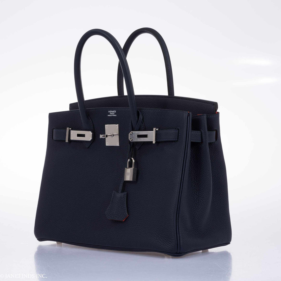 Hermes Birkin 30 Blue Nuit Verso Orange Poppy Togo Palladium Hardware