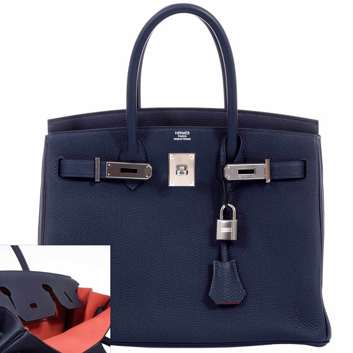 Hermes Birkin 30 Blue Nuit Verso Orange Poppy Togo Palladium Hardware