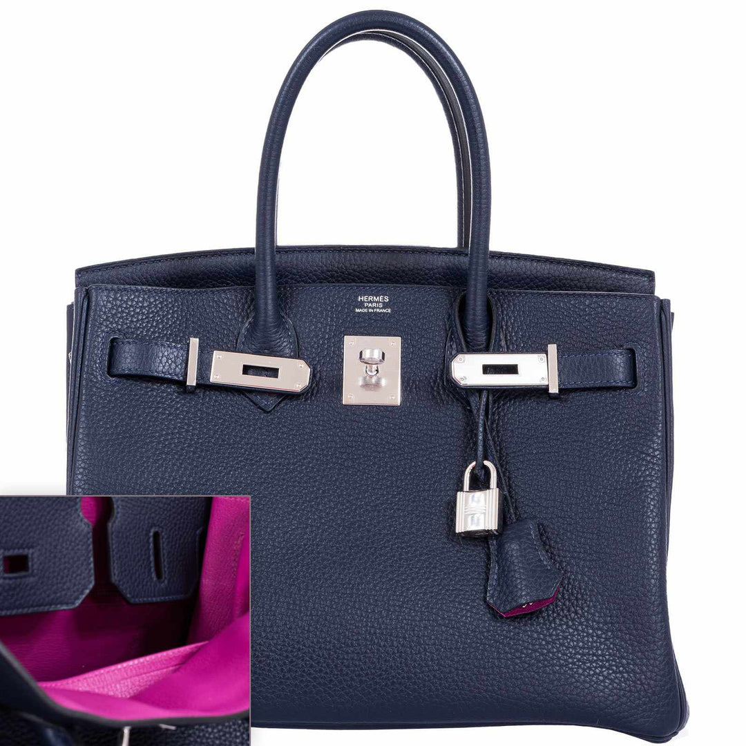 Hermes Birkin 30 Blue Nuit Verso Rose Pourpre Togo Palladium Hardware - Limited Edition