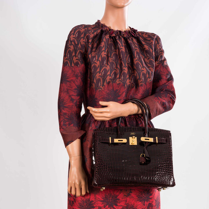 Premium Handmade Hermes Birkin 30 Bordeaux Porosus Crocodile Gold Hardware