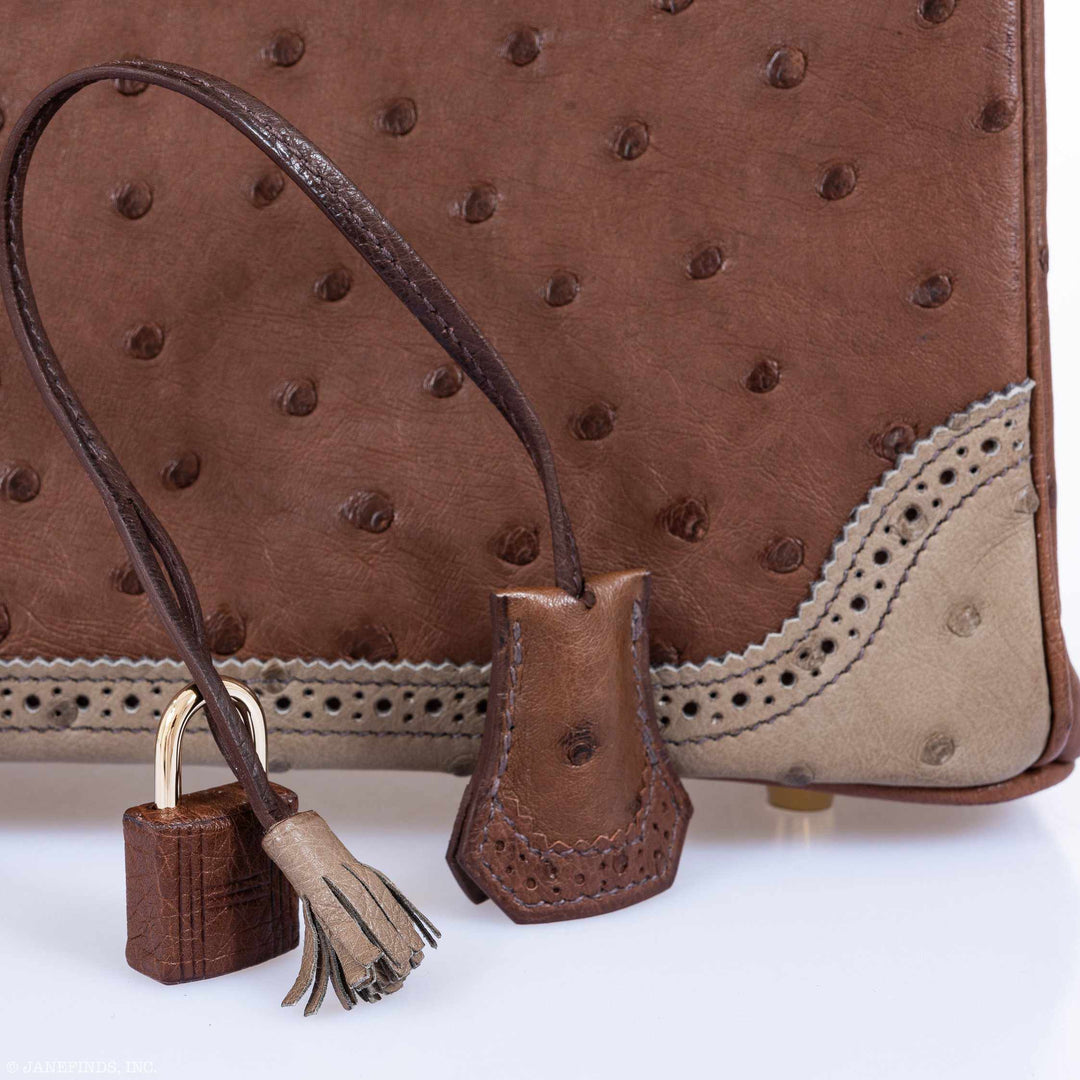 Top quality Hermes Birkin 30 Ghillies Marron Fonce, Etrusque, Mousse Ostrich Champagne Gold Hardware