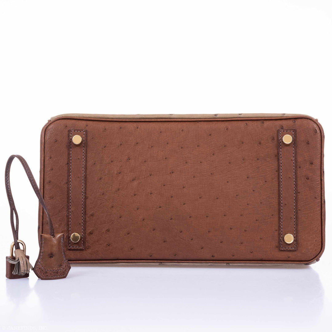 Top quality Hermes Birkin 30 Ghillies Marron Fonce, Etrusque, Mousse Ostrich Champagne Gold Hardware