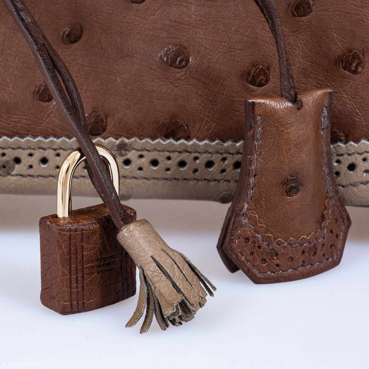 Top quality Hermes Birkin 30 Ghillies Marron Fonce, Etrusque, Mousse Ostrich Champagne Gold Hardware