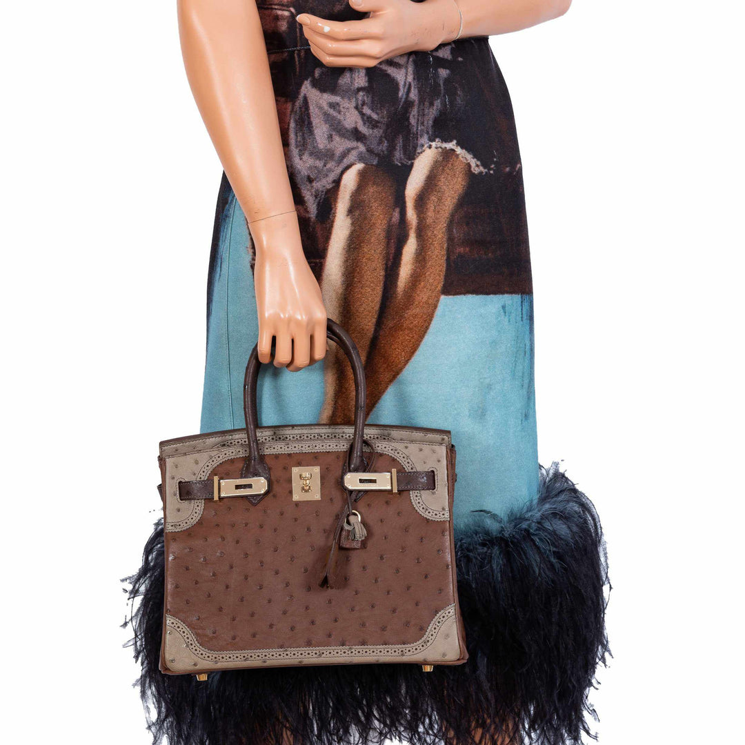 Top quality Hermes Birkin 30 Ghillies Marron Fonce, Etrusque, Mousse Ostrich Champagne Gold Hardware
