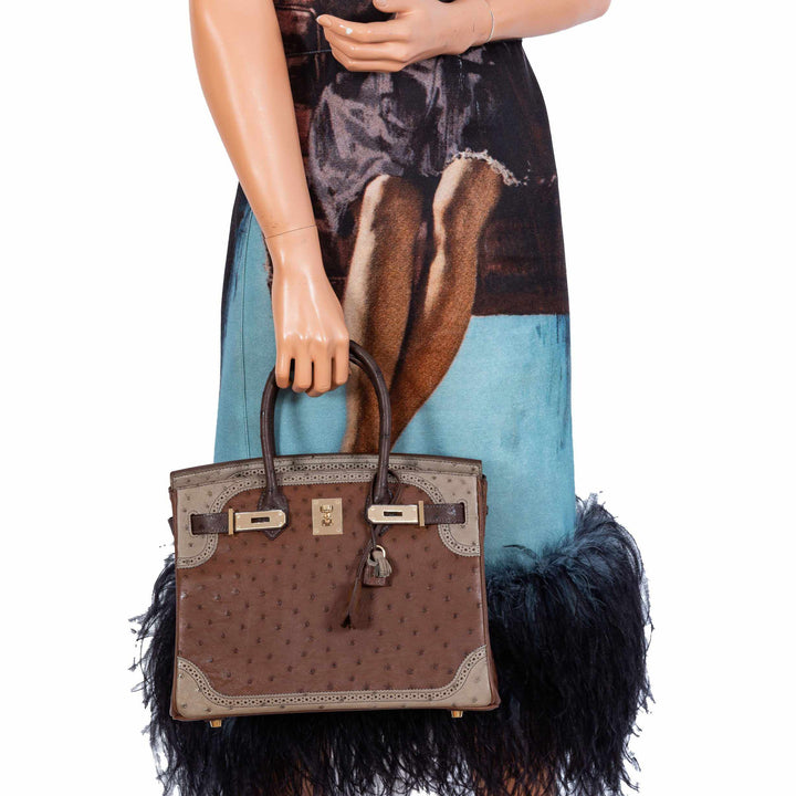 Top quality Hermes Birkin 30 Ghillies Marron Fonce, Etrusque, Mousse Ostrich Champagne Gold Hardware