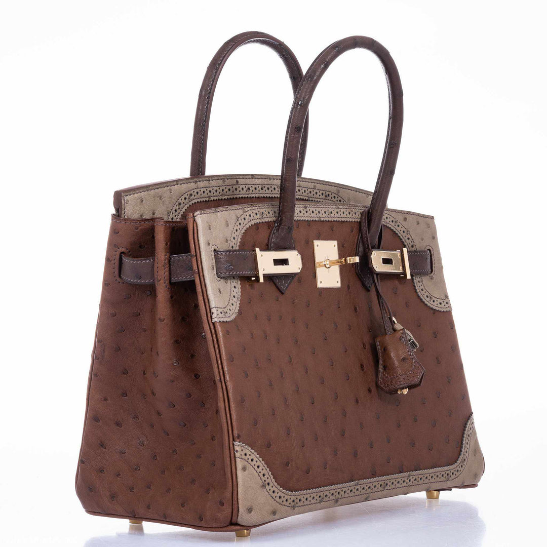 Top quality Hermes Birkin 30 Ghillies Marron Fonce, Etrusque, Mousse Ostrich Champagne Gold Hardware