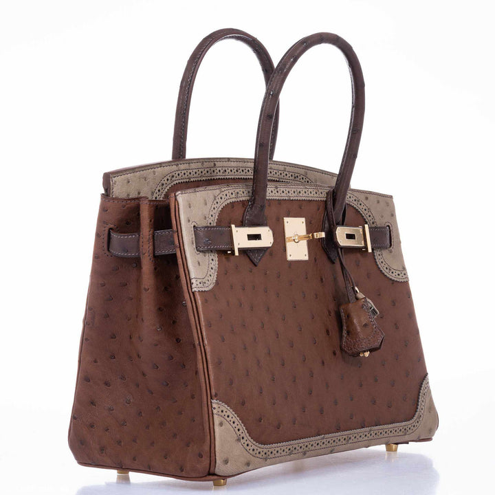 Top quality Hermes Birkin 30 Ghillies Marron Fonce, Etrusque, Mousse Ostrich Champagne Gold Hardware
